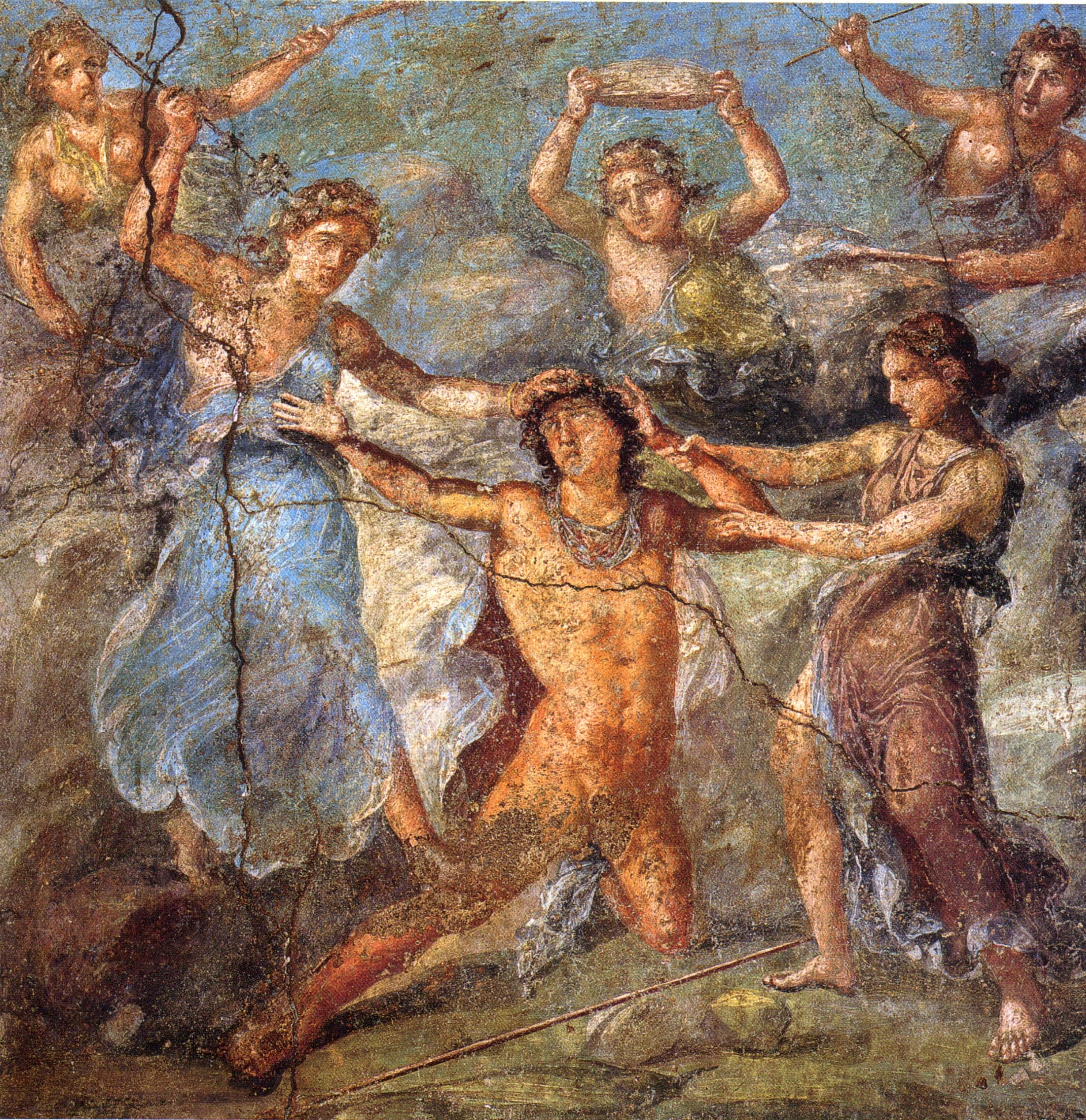 A sparagmos (the tearing apart) is often modeled on the myth of Dionysus--the god who is killed and then resurrected. This image renders a sparagmos from Euripides Bacchae, in which Pentheus is torn apart by the Maenads.